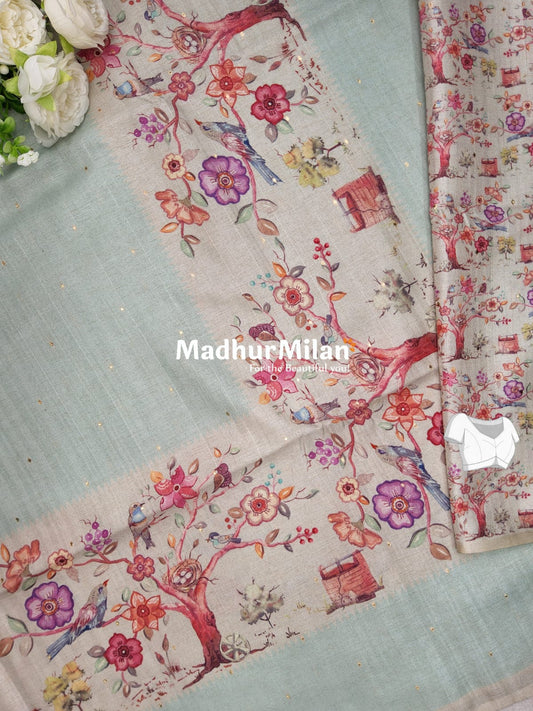 DIGITAL SEMI TUSSER SILK SAREE DUSTY CYAN