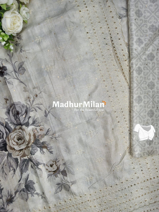 FLORAL PRINTED BORDER EMBRIODERY SEMI TUSSER SAREE DUSTY GREY