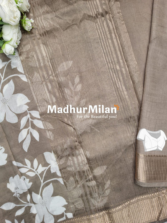 FLORAL PRINT ASSAM SILK SAREE BROWN