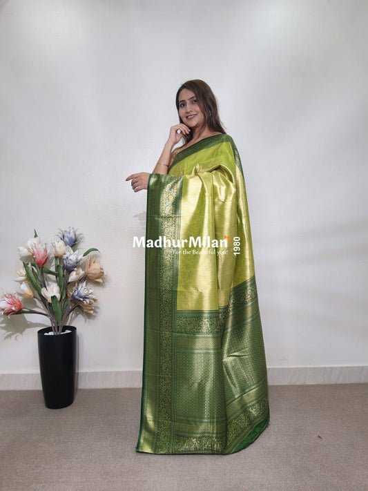 INDRA TISSUE SILK SAREE GOLDEN GREEN DARK GREEN
