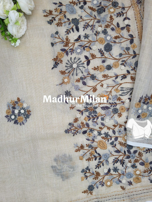 LENIN TISSUE EMBROIDERY WORK SAREE CREAM GREY