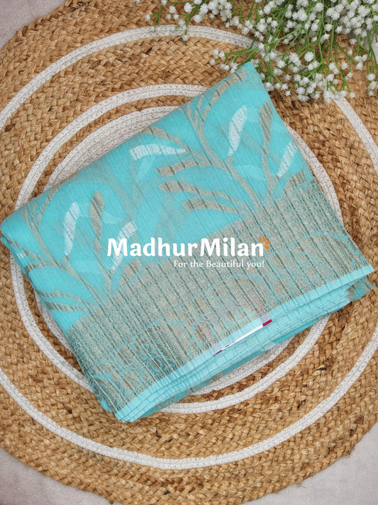 CRUSHED KORA COTTON SAREE AQUA