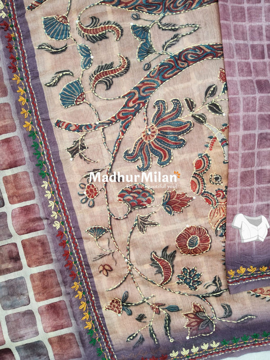 CHANDERI PRINTED WORK SAREE BROWN