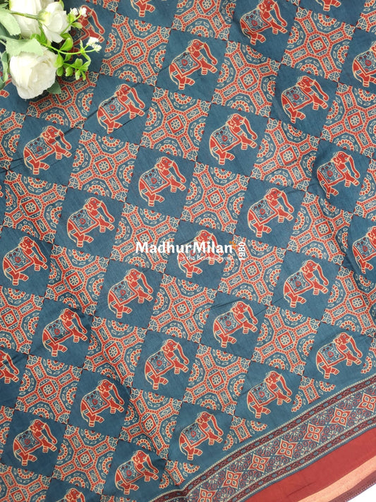 AJRAK PRINT KAJU SILK SAREE BLUE