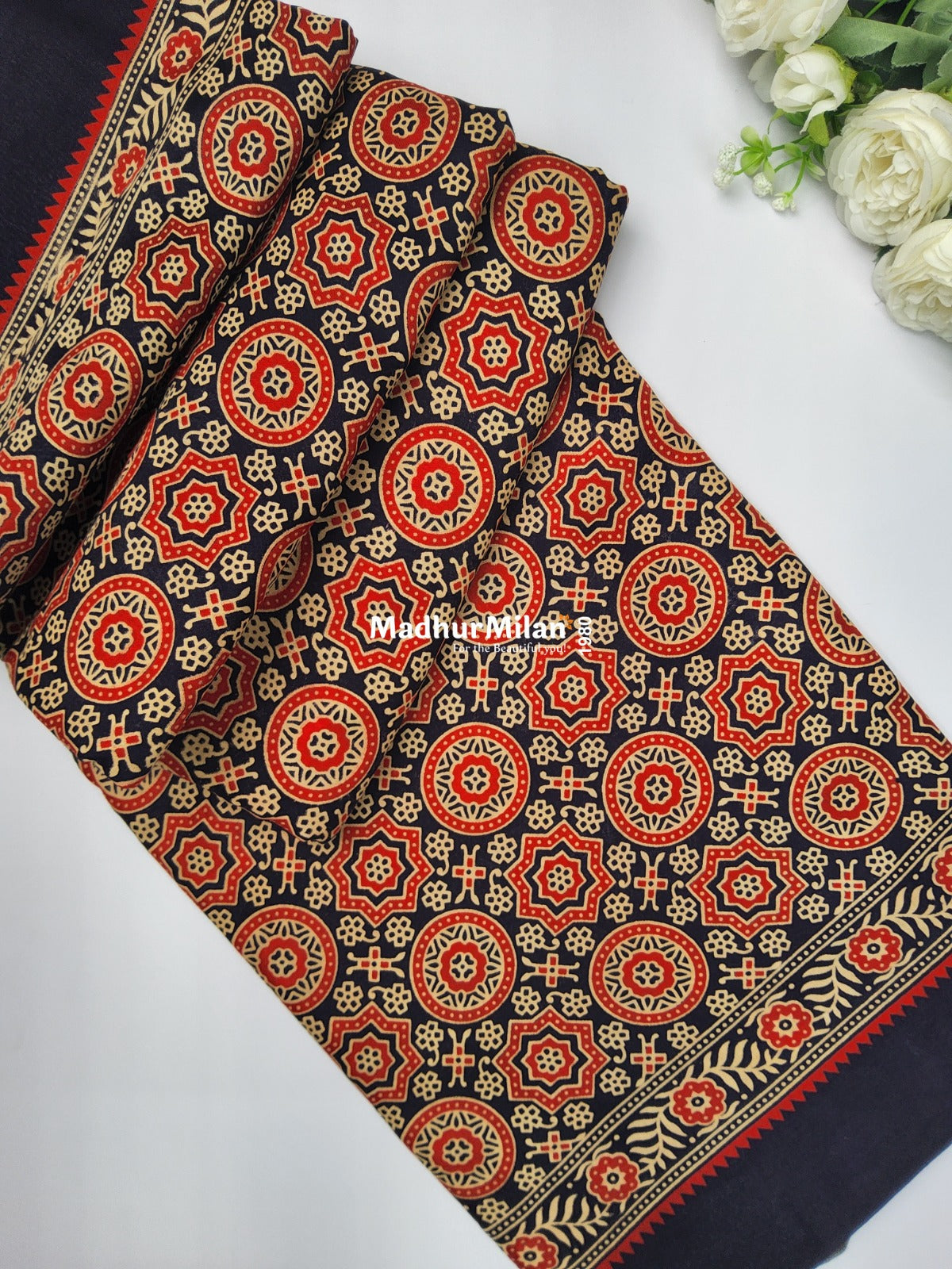 AJRAKH PRINT GAJI MODAL SAREE BLACK