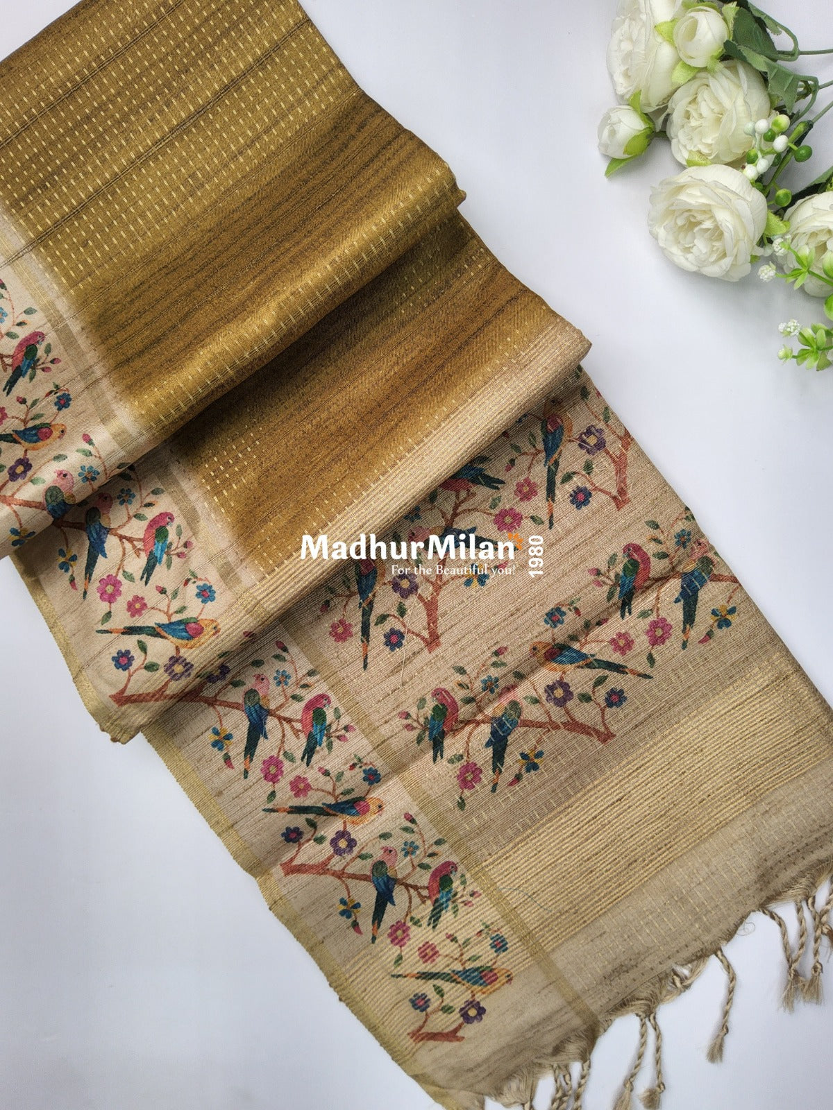 PIN STRIPES DIGITAL SEMI TUSSER SAREE MEHNDI