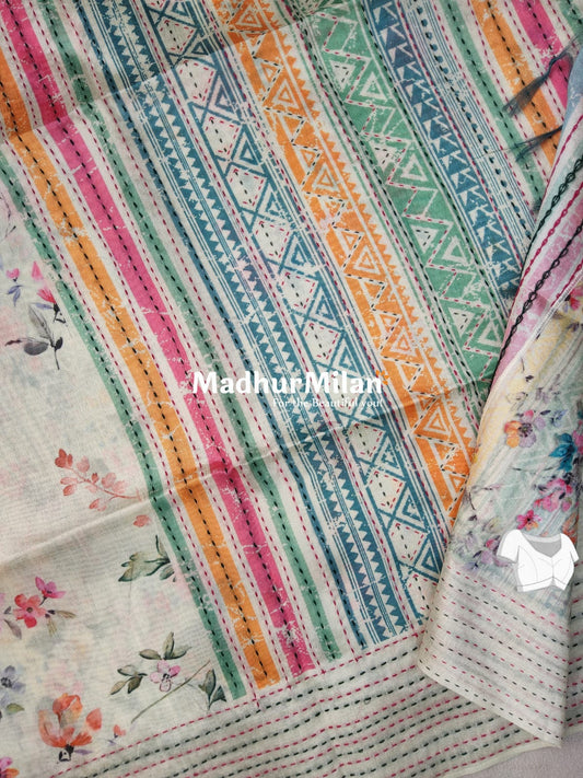 FLORAL KATHA LINE BORDER SEMI TUSSER SILK SAREE CREAM