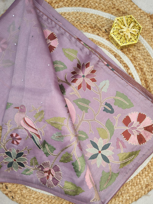 ARI EMBROIDERY WORK TISSUE ORGANZA SAREE DUSTY ROSE PINK
