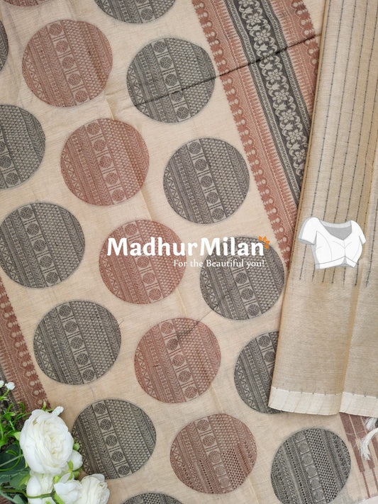 SUTI STRIPED BUTTA BORDER WEAVING COTTON SAREE BEIGE
