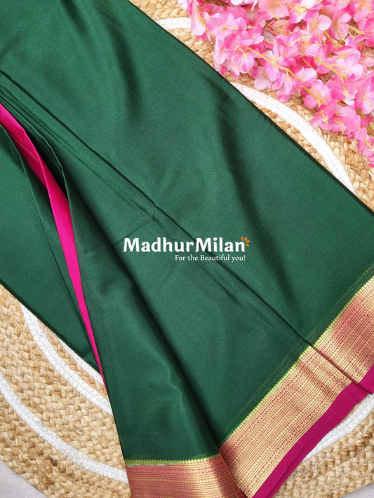 JARI BORDER 3 INCH PURE CREPE SILK SAREE FOREST GREEN PINK