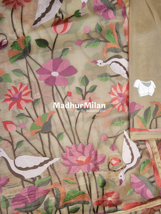 FLAMINGO EMBROIDERY WORK TISSUE ORGANZA SAREE DUSTY GOLD