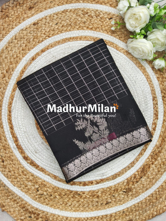 KOVAI MULTY CHECKS BUTTA BORDER SILK COTTON SAREE BLACK