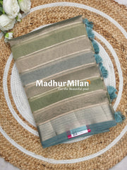 TISSUE ORGANZA STRIPE SAREE DUSTY RAMA GREEN