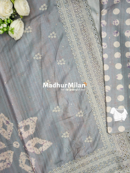 SHIBORI PRINTED BORDER EMBRIODERY SEMI TUSSER SAREE GREY