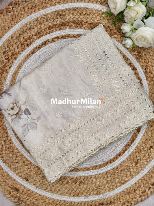 FLORAL PRINTED BORDER EMBRIODERY SEMI TUSSER SAREE DUSTY GREY