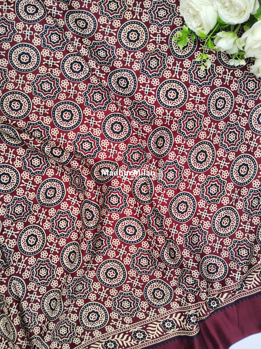 AJRAKH PRINT GAJI MODAL SAREE BROWN