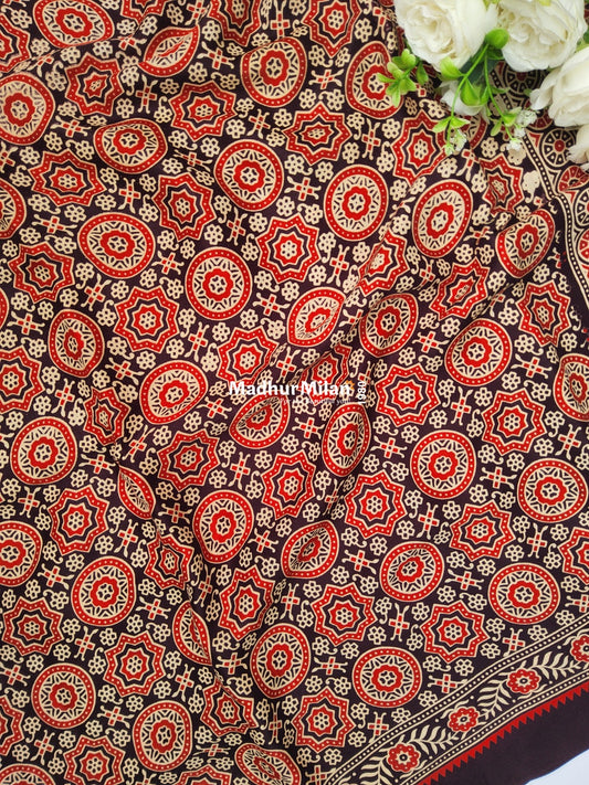 AJRAKH PRINT GAJI MODAL SAREE CHOCOLATE BROWN