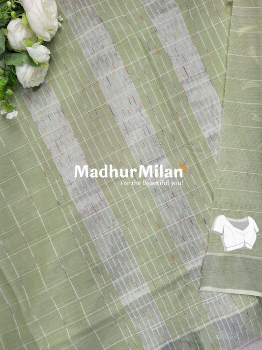 BENGALI CHECKS COTTON SAREE LIGHT PISTA