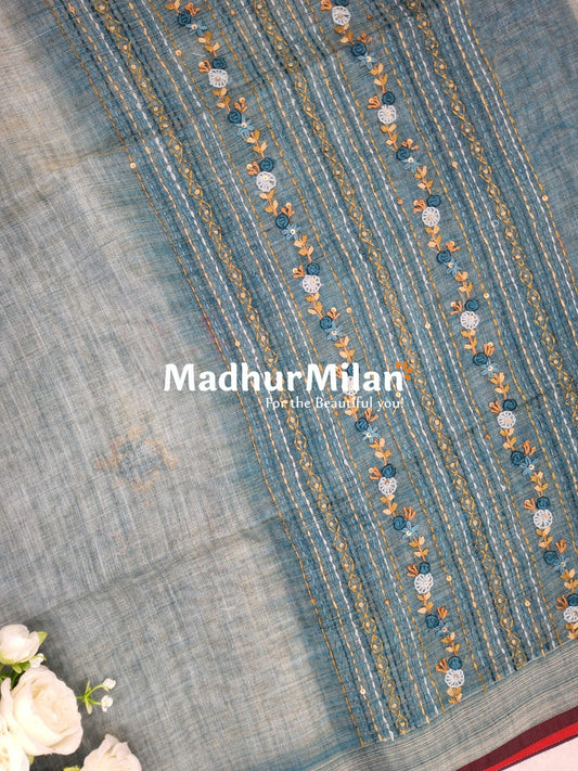 LENIN TISSUE EMBROIDERY WORK SAREE DUSTY RAMA