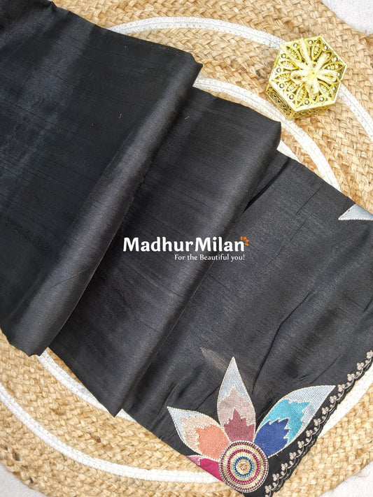 FLOWER BEAUTY RAW SILK SAREE BLACK