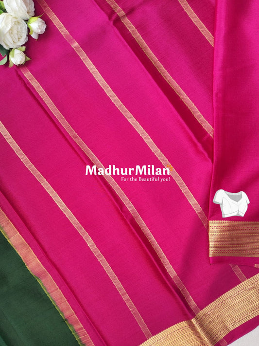 JARI BORDER 3 INCH PURE CREPE SILK SAREE FOREST GREEN PINK