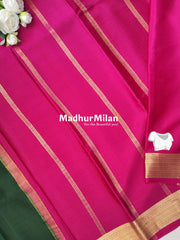 JARI BORDER 3 INCH PURE CREPE SILK SAREE FOREST GREEN PINK