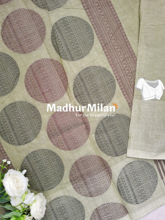 SUTI STRIPED BUTTA BORDER WEAVING COTTON SAREE SAGE GREEN