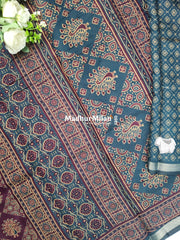 AJRAK PRINT KAJU SILK SAREE WINE