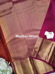 KORVAI TISSUE CHECKS BUTTA BORDER SAREE ORANGE PINK