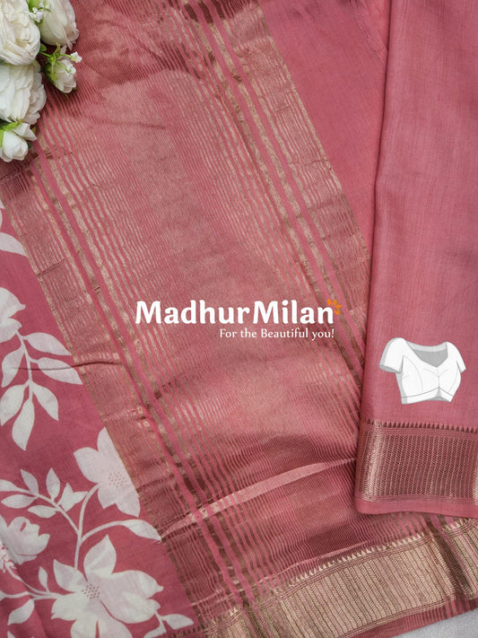 FLORAL PRINT ASSAM SILK SAREE PEACH
