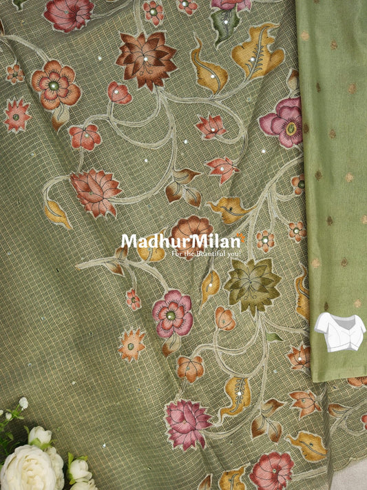 TISSUE KOTA WORK SAREE DUSTY GREEN