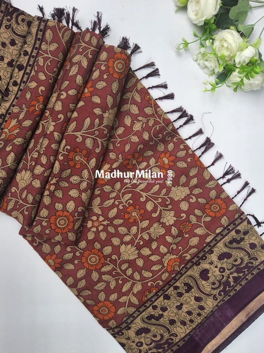 KALAMKARI PRINT KAJU SILK SAREE DUSTY BRICK