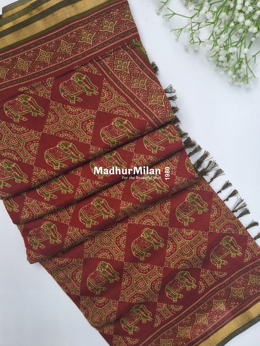 AJRAK PRINT KAJU SILK SAREE MAROON