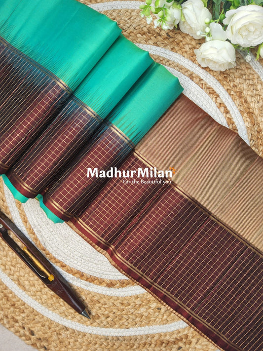 CHECKS BORDER SOFT SILK SAREE SEA GREEN BROWN