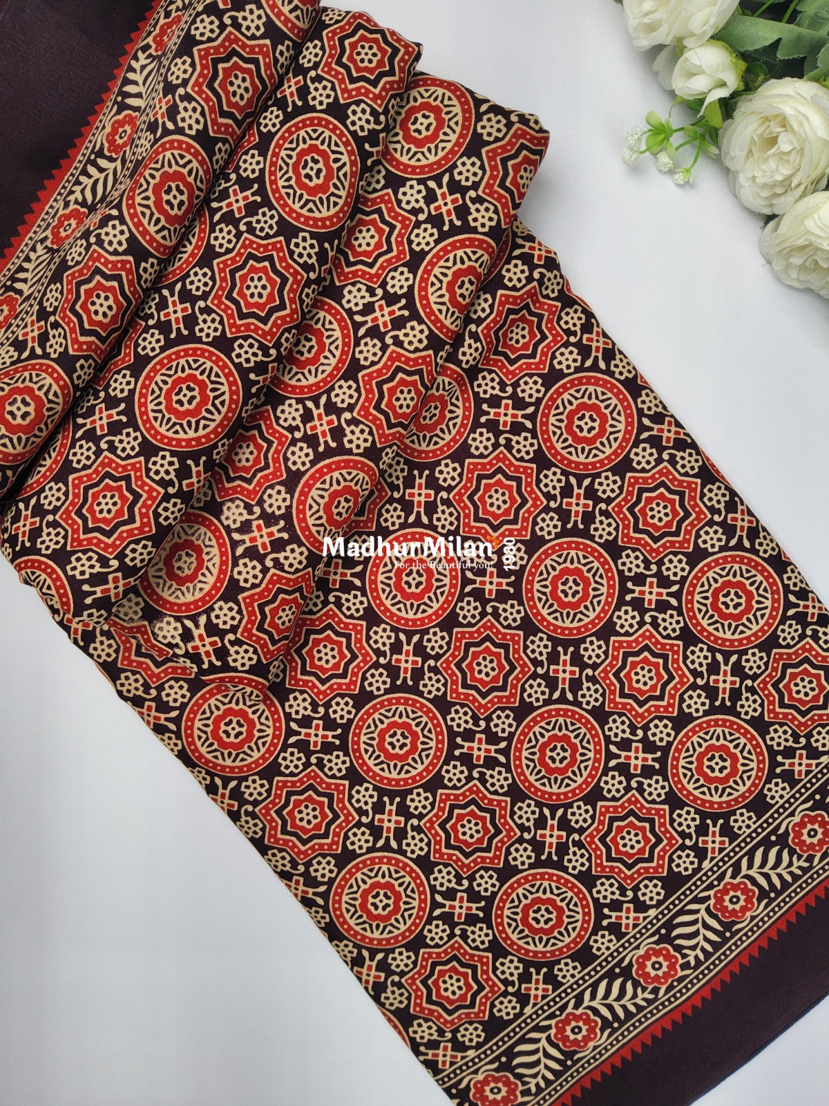 AJRAKH PRINT GAJI MODAL SAREE CHOCOLATE BROWN