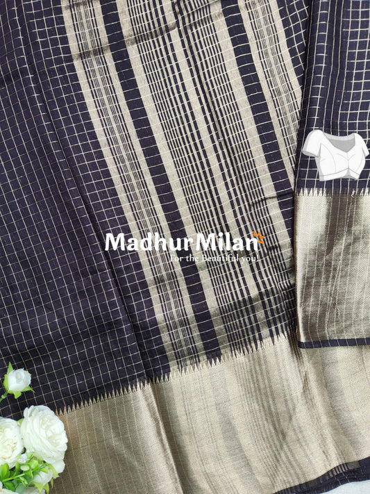 ASSAM SILK MINI CHECKS 7INCH BORDER SAREE BLACK