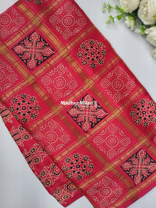 CHECKS AJRAKH PRINT GAJI MODAL SAREE PINK