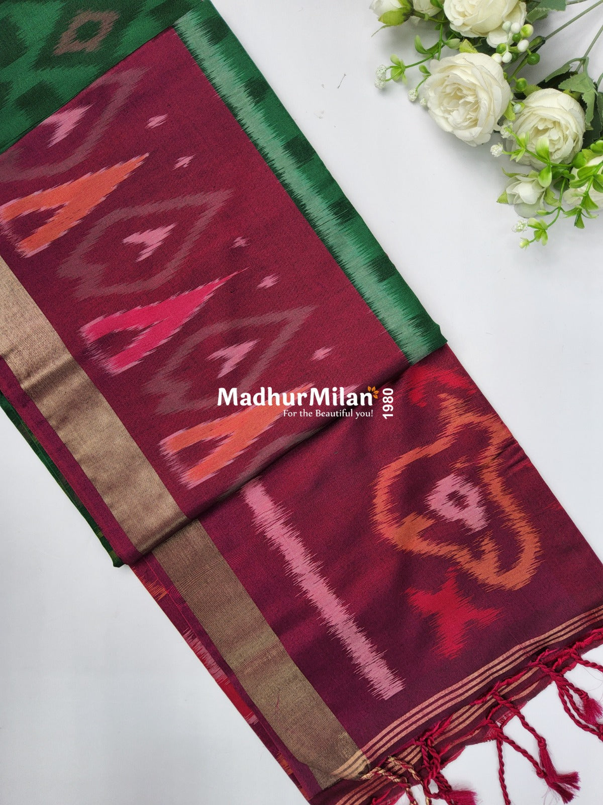 RUBY PATTOLA SILK TISSUE BORDER GREEN PINK