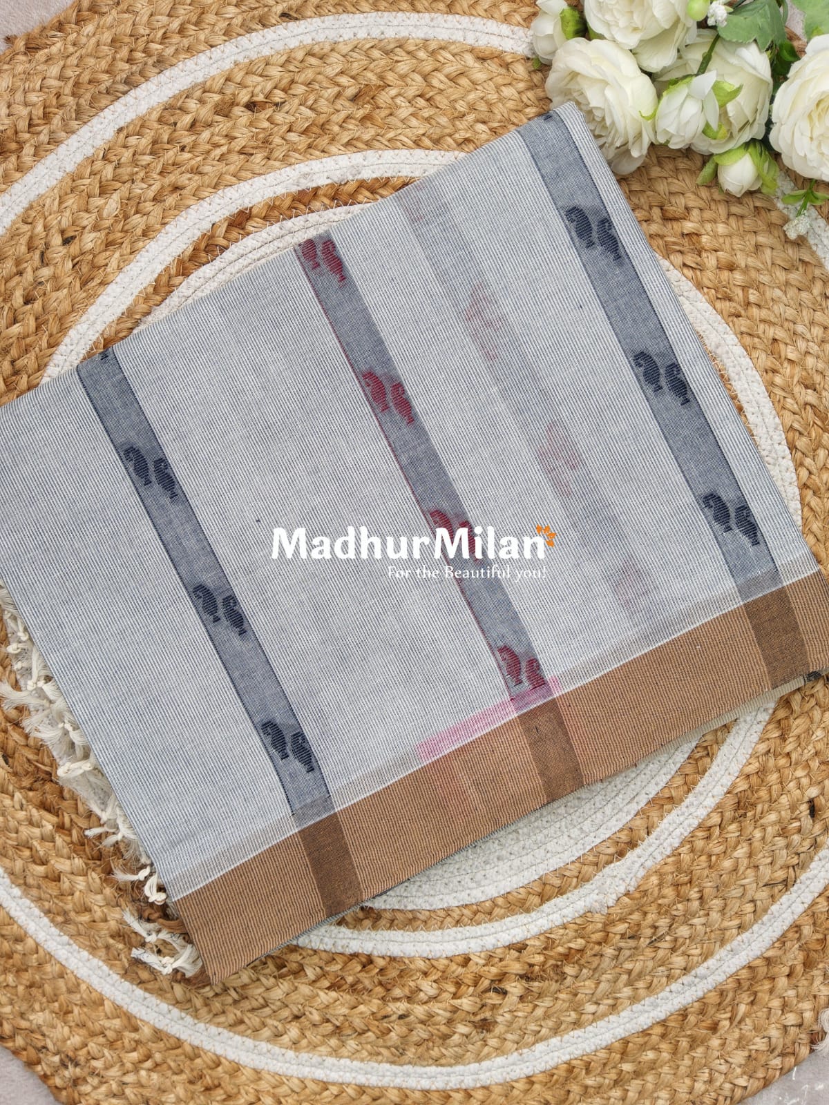 SUTI PIN STRIPES BORDER COTTON SAREE DEEP GREY