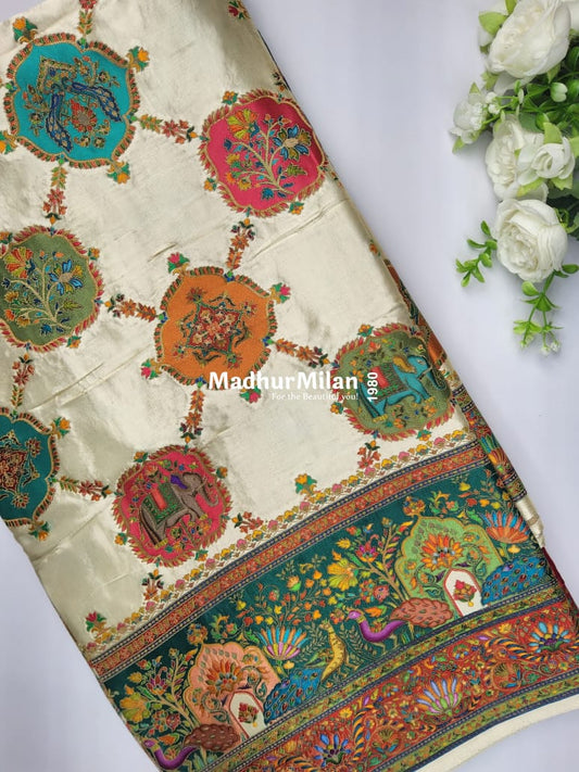 PASHMINA SATIN BROCADE SAREE CREAM