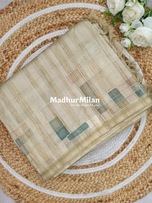 PRINTED ARRI WORK SEMI TUSSER SAREE GREEN