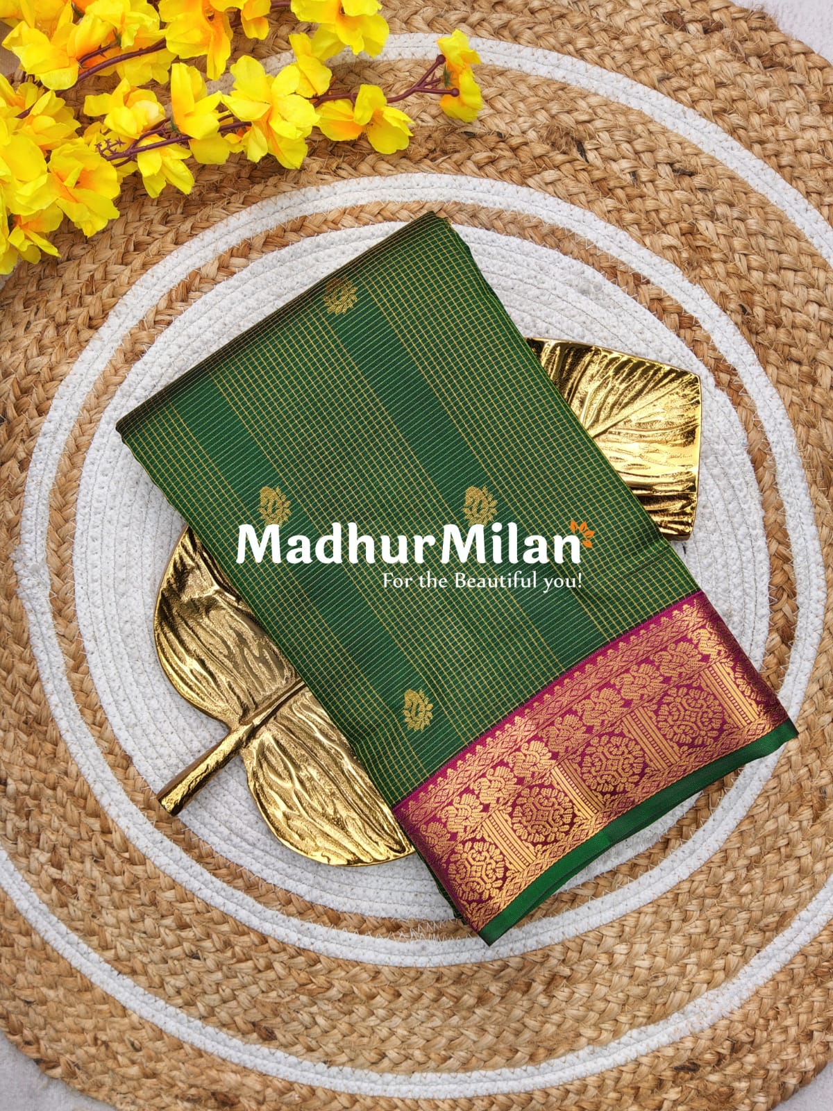 KORVAI CHECKS BUTTA BORDER SAREE GREEN MAROON