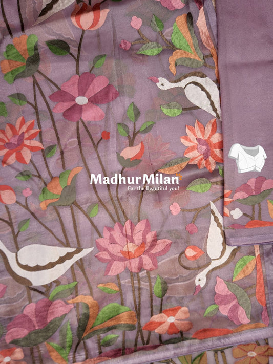 FLAMINGO EMBROIDERY WORK TISSUE ORGANZA SAREE DUSTY ROSE PINK