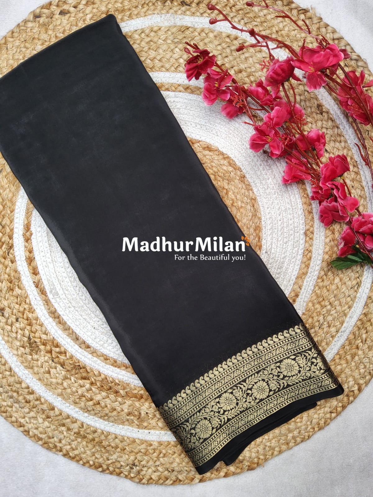 MAYA BANARASI CREPE PLAIN BODY GOLD JARI BORDER SAREE BLACK