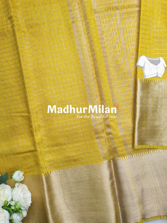 ASSAM SILK MINI CHECKS 7INCH BORDER SAREE YELLOW