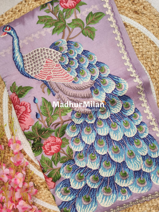 PEACOCK EMBROIDEY WORK TISSUE ORGANZA SAREE DUSTY LAVENDER