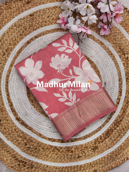 FLORAL PRINT ASSAM SILK SAREE PEACH