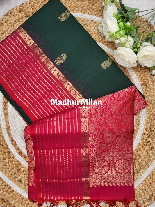 POORVIKA UPPADA SOFT SILK SAREE DARK GREEN PINK