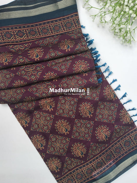 AJRAK PRINT KAJU SILK SAREE WINE