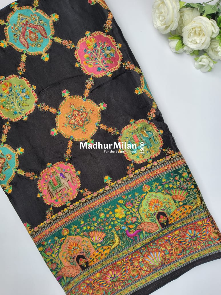 PASHMINA SATIN BROCADE SAREE BLACK